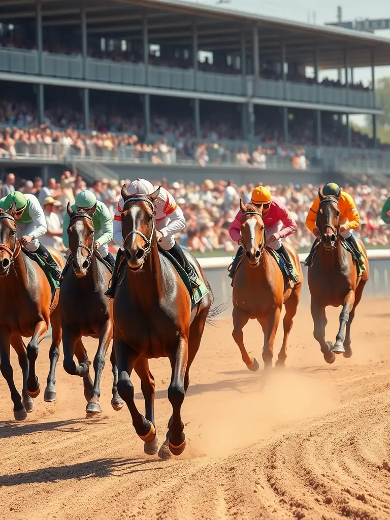 A vibrant image capturing the excitement of a horse race at SOC COURSES ANDELYS VEXIN, with horses thundering down the track and spectators cheering in the stands.