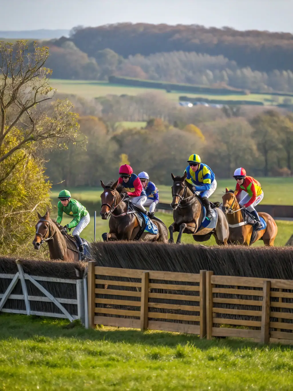 A dynamic image of horses jumping over hurdles during a steeplechase event at SOC COURSES ANDELYS VEXIN, capturing the excitement and athleticism of the sport.
