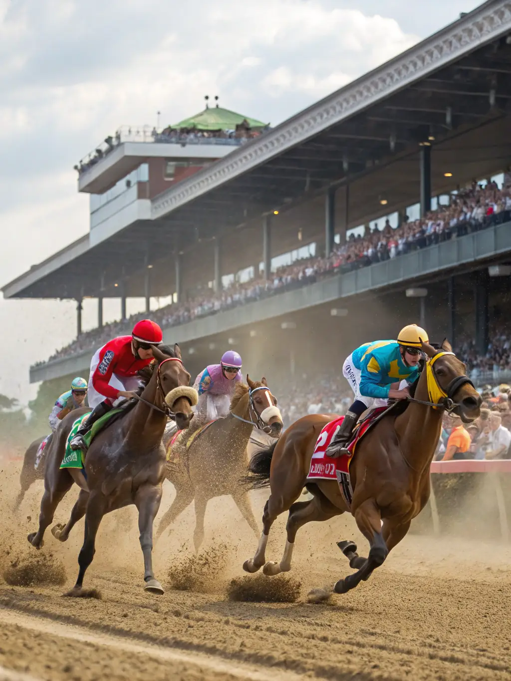 A vibrant image depicting the starting gate of a horse race at SOC COURSES ANDELYS VEXIN, with horses and jockeys poised for action, under a clear blue sky.