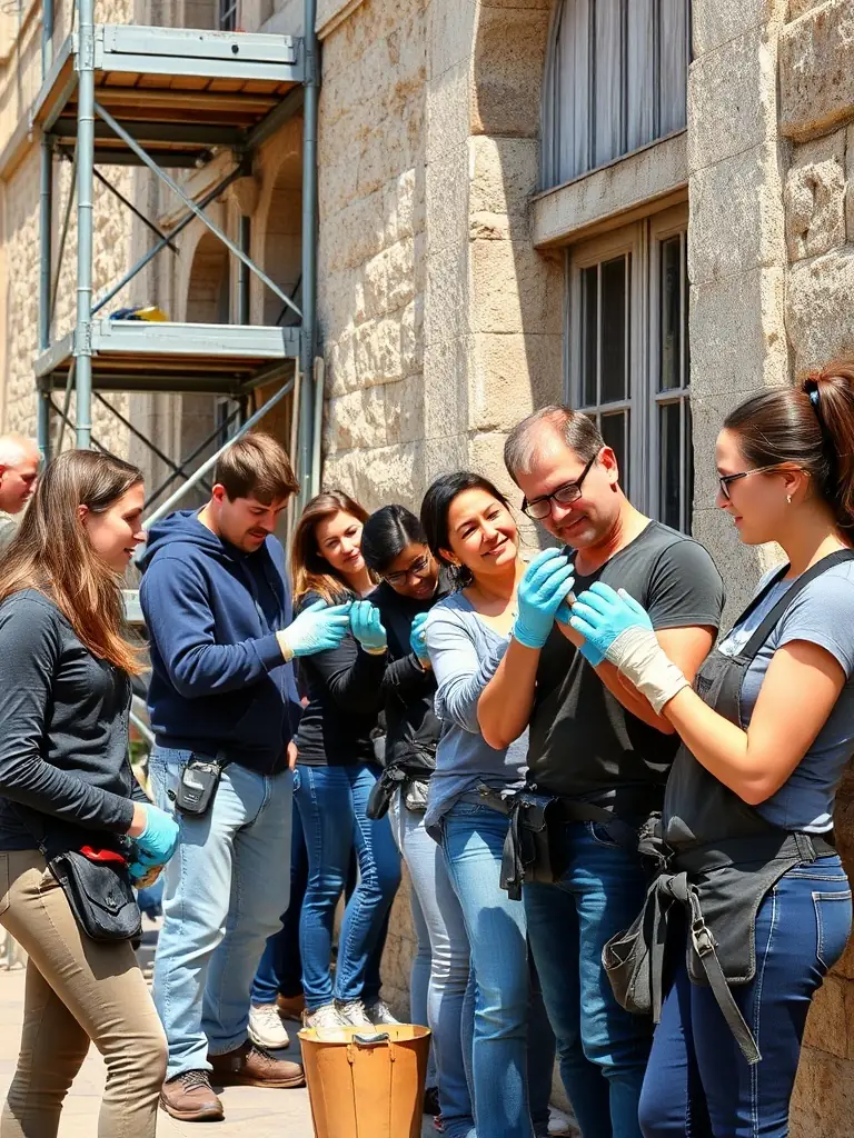 A group of volunteers working together to maintain the facilities at SOC COURSES ANDELYS VEXIN, demonstrating the organization's reliance on community support.